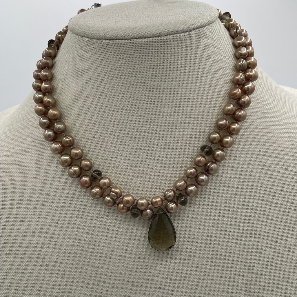 3.23.26-32 Freshwater Pearl Collar Necklace + Smoky Green Teardrop Pendant